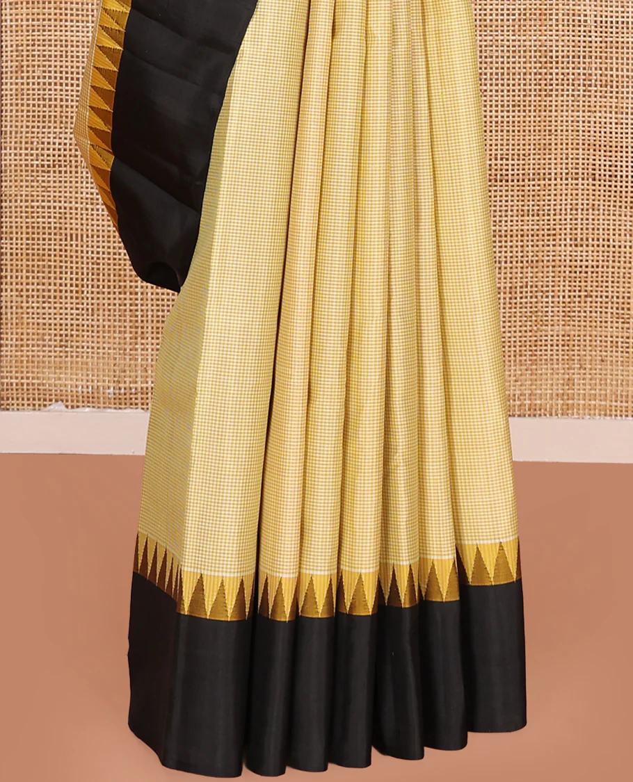 Yellow micro-checked Kanchipuram silk saree, contrast thazampoo rekku border, and striped pallu - Image 4