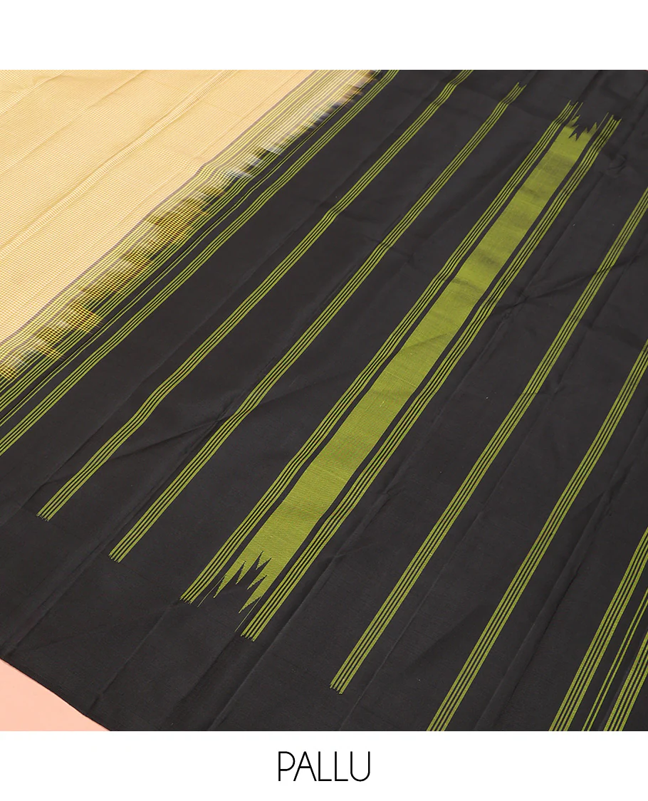 Yellow micro-checked Kanchipuram silk saree, contrast thazampoo rekku border, and striped pallu - Image 5