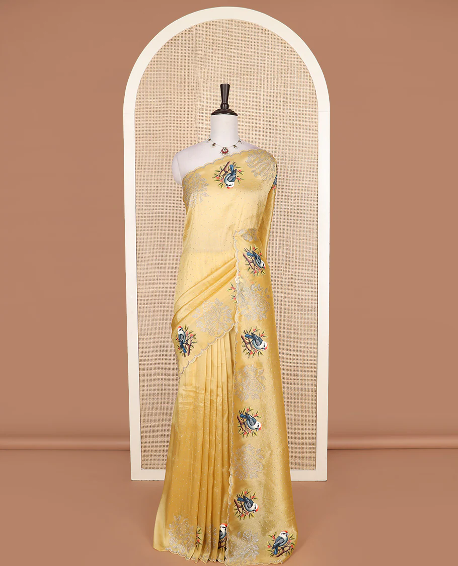 Yellow micro stone work designer saree with scallop stone work border of sparrow motifs digital print, and pallu of micro-stone work - Image 2