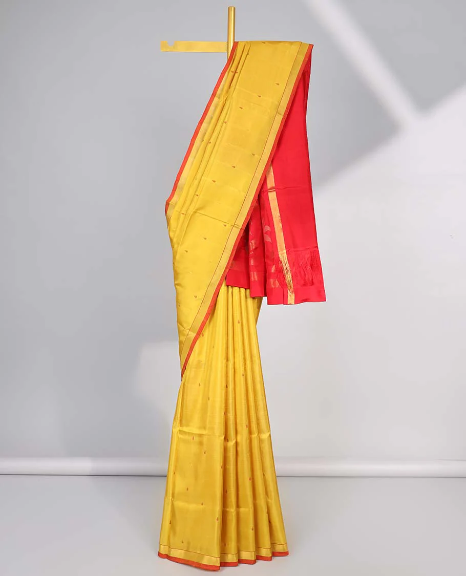Yellow motifs uppada silk saree with contrast zari border & floral vine design pallu - Image 2