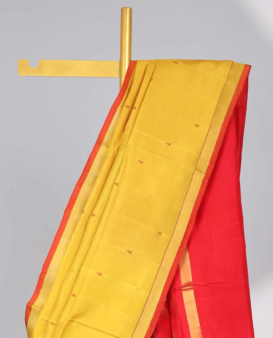 Yellow motifs uppada silk saree with contrast zari border & floral vine design pallu - Image 3