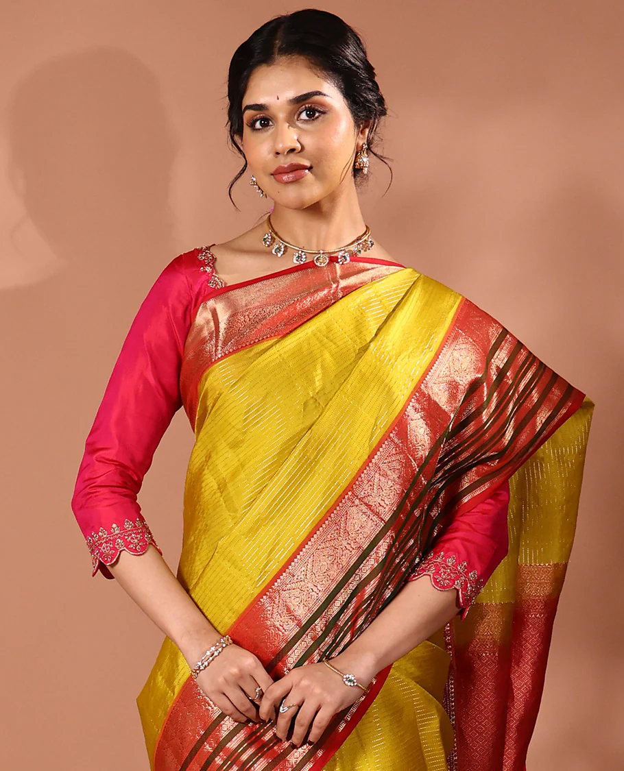 Yellow Muthu striped silk saree, contrast border of thilakam mokku, Muthu, banaras, mayil, kamalam, and neli designs, and intricate pallu - Image 2
