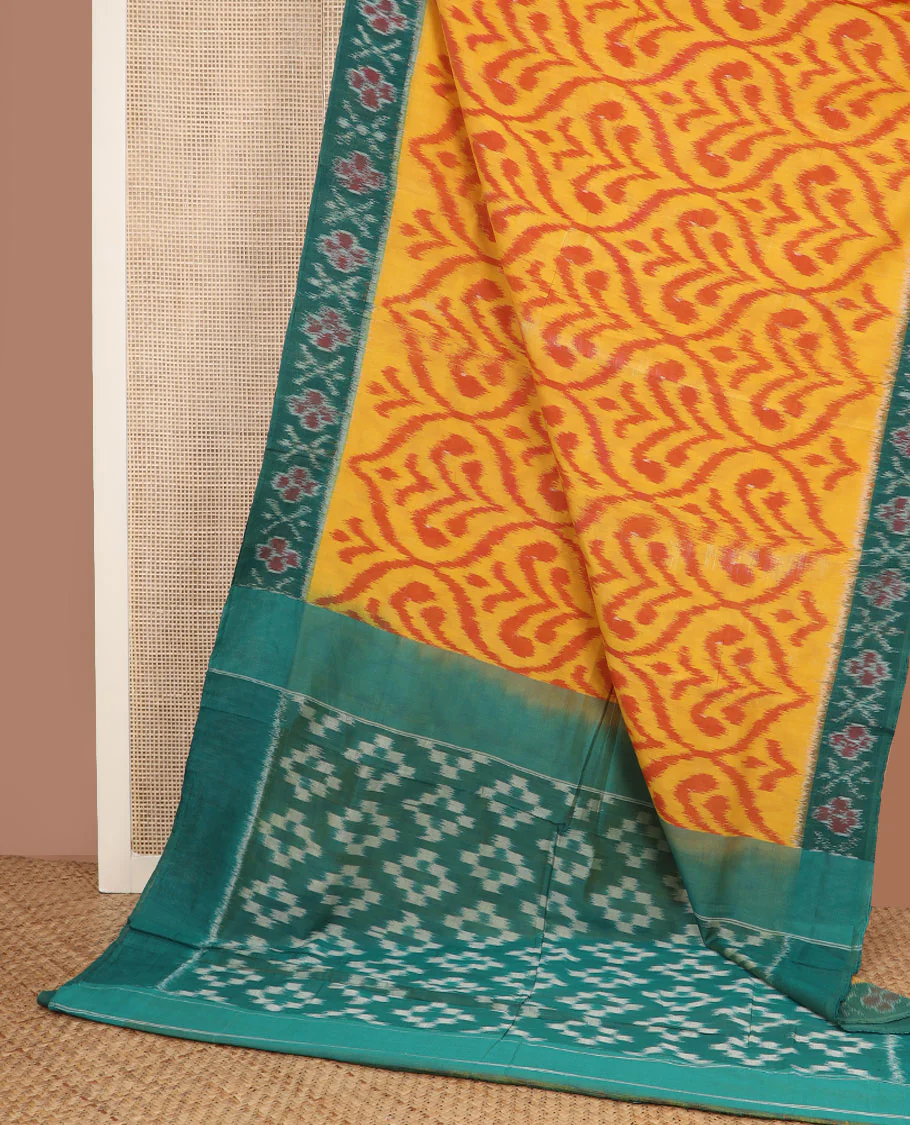 Yellow ogee-patterned ikkat cotton saree, contrast cross & floral motifs ikat border & ikkat design pallu - Image 2