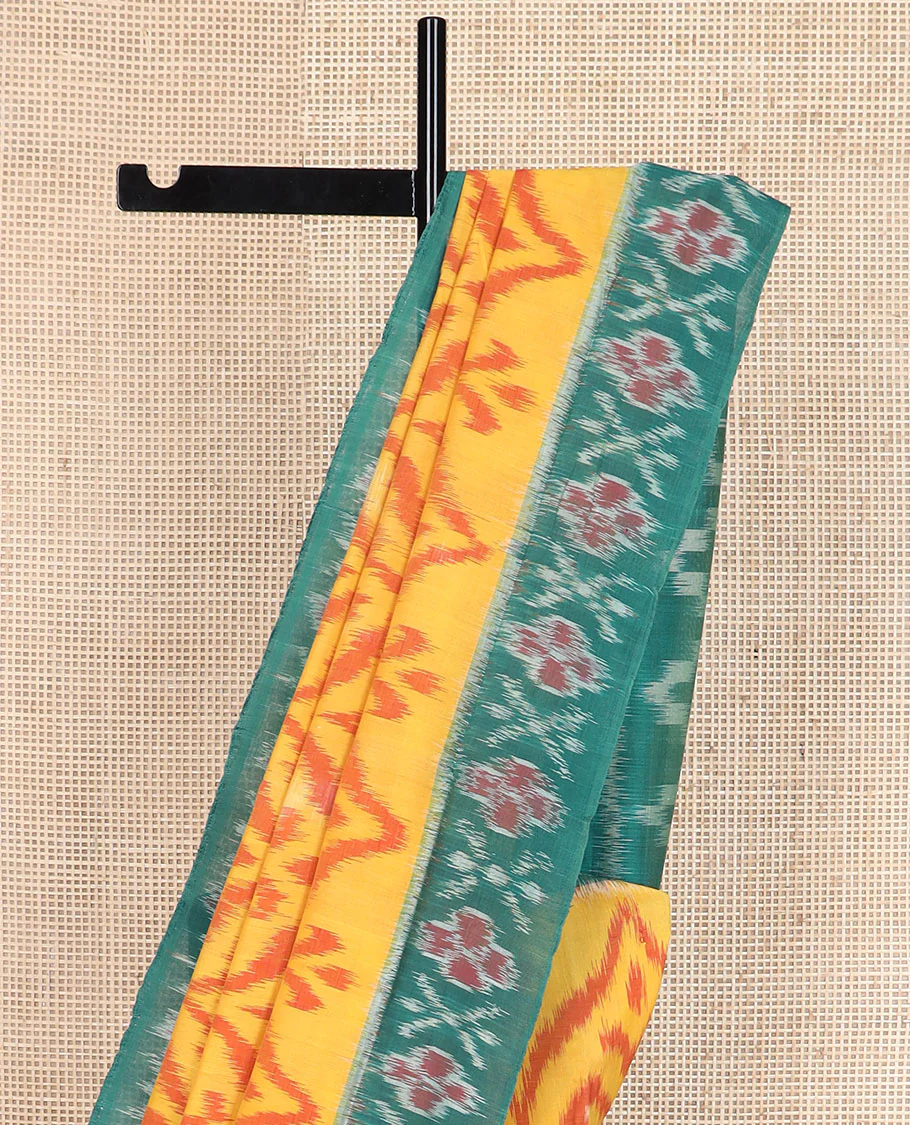 Yellow ogee-patterned ikkat cotton saree, contrast cross & floral motifs ikat border & ikkat design pallu - Image 3