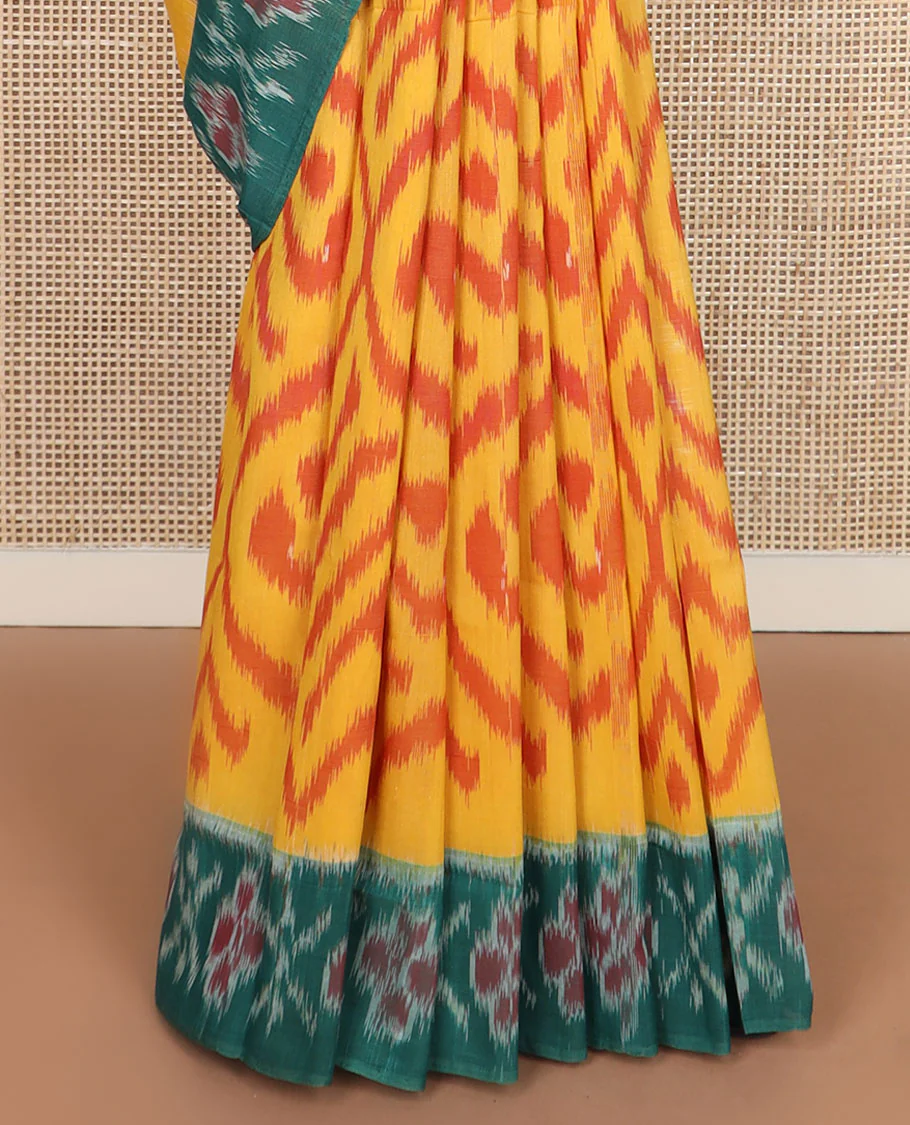Yellow ogee-patterned ikkat cotton saree, contrast cross & floral motifs ikat border & ikkat design pallu - Image 4