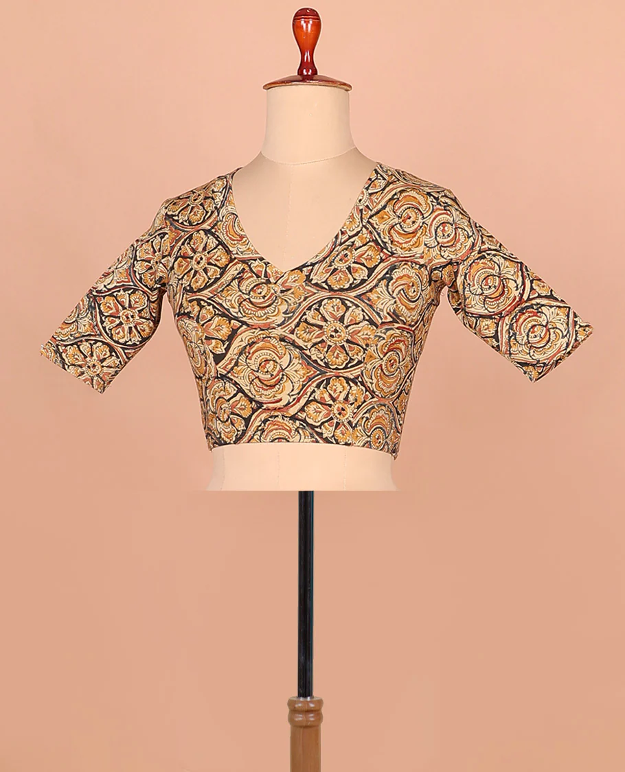 Yellow ogee patterns printed front and back leaf neck elbow sleeve cotton readymade blouse