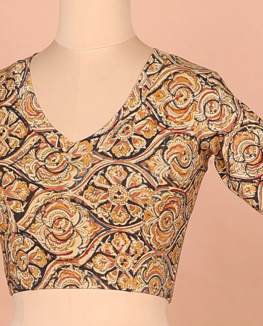 Yellow ogee patterns printed front and back leaf neck elbow sleeve cotton readymade blouse - Image 2