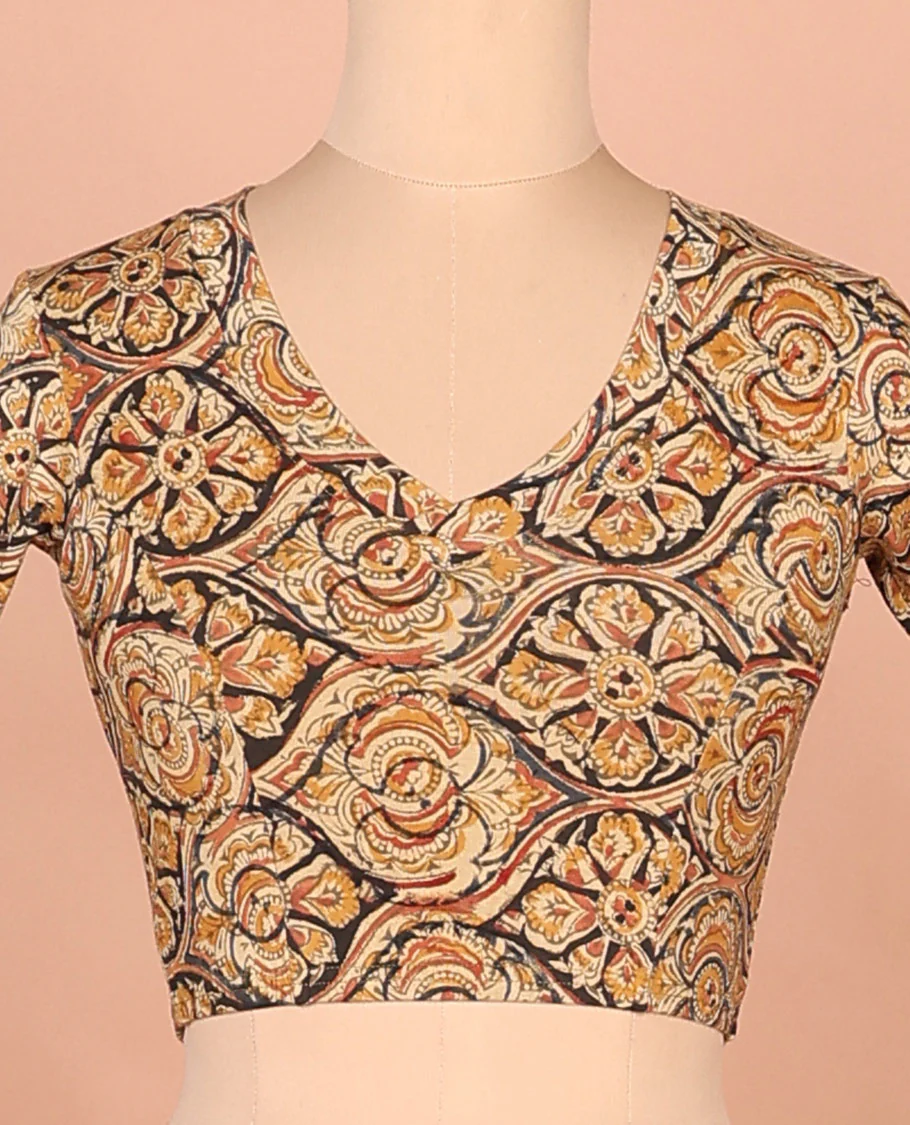 Yellow ogee patterns printed front and back leaf neck elbow sleeve cotton readymade blouse - Image 3
