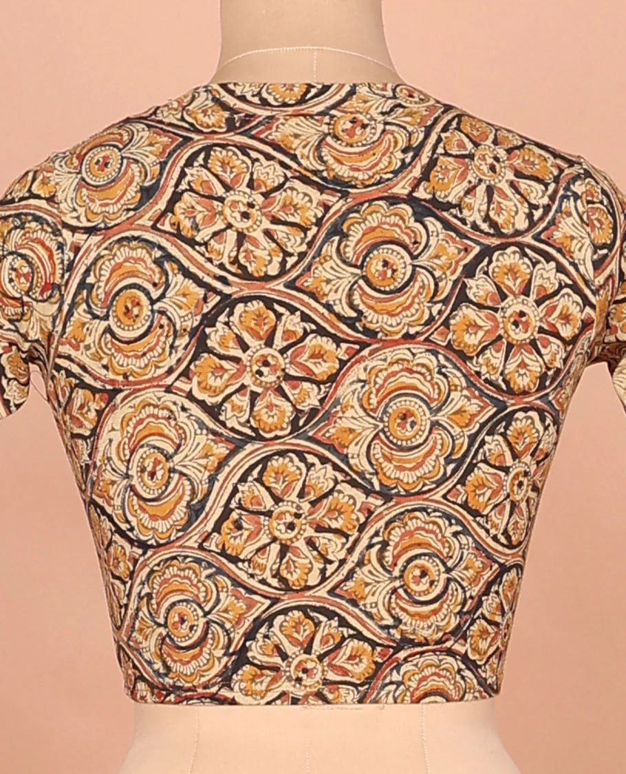 Yellow ogee patterns printed front and back leaf neck elbow sleeve cotton readymade blouse - Image 4