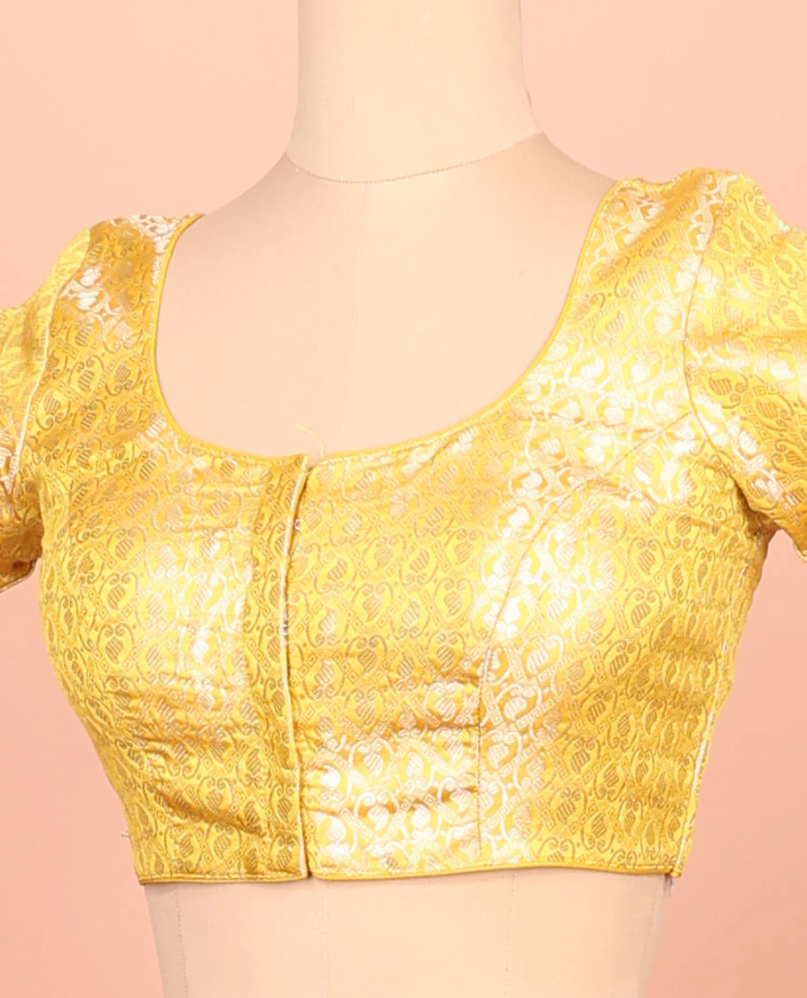 Yellow paisleys-theme jacquard front-back round neck elbow-sleeve readymade blouse - Image 2