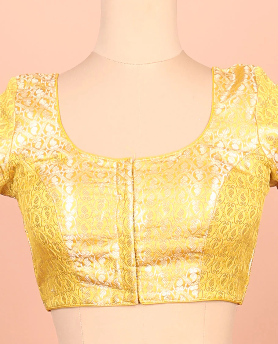 Yellow paisleys-theme jacquard front-back round neck elbow-sleeve readymade blouse - Image 3