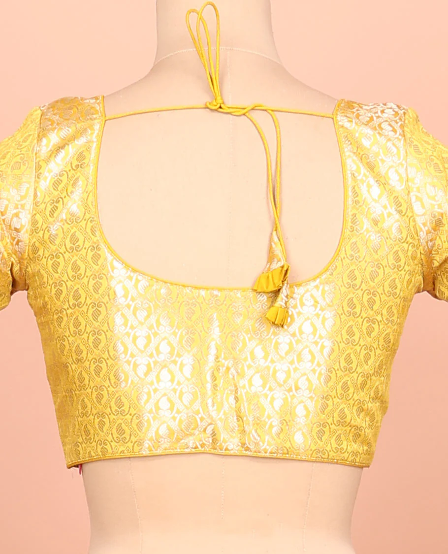Yellow paisleys-theme jacquard front-back round neck elbow-sleeve readymade blouse - Image 4