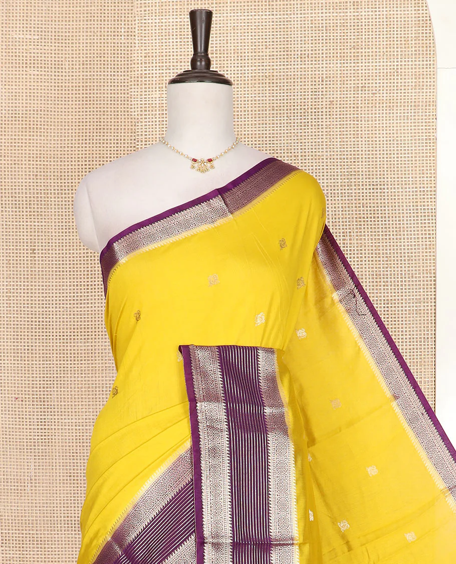 Yellow peacock buttas assam silk saree, contrast traditional zari border, and pallu of zari design - Image 2