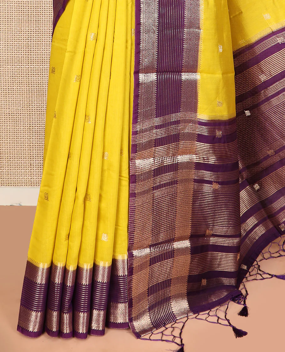 Yellow peacock buttas assam silk saree, contrast traditional zari border, and pallu of zari design - Image 3