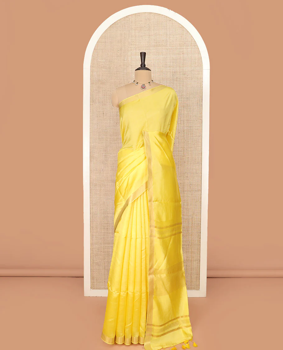Yellow Plain Banana Pith Saree Subtly Sparkled with Zari Bavanji Border, Gleaming Zari Stripes Woven Pallu, and Paired with a Matching Plain Blouse - Image 3