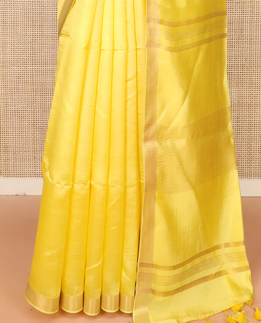 Yellow Plain Banana Pith Saree Subtly Sparkled with Zari Bavanji Border, Gleaming Zari Stripes Woven Pallu, and Paired with a Matching Plain Blouse - Image 4