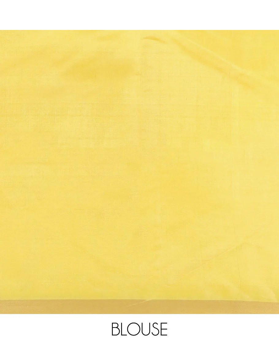 Yellow Plain Banana Pith Saree Subtly Sparkled with Zari Bavanji Border, Gleaming Zari Stripes Woven Pallu, and Paired with a Matching Plain Blouse - Image 5