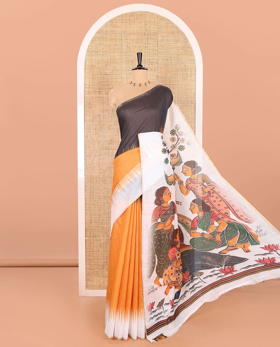 Yellow Plain Chanderi Cotton Saree Featuring a Contrast Black and White Ganga-Jamuna Temple Big Border, a Pallu Beautified with a Realistic Painted-Style Human Figurine Print, and Paired with a Contrast Kalamkari Peacock Printed Blouse