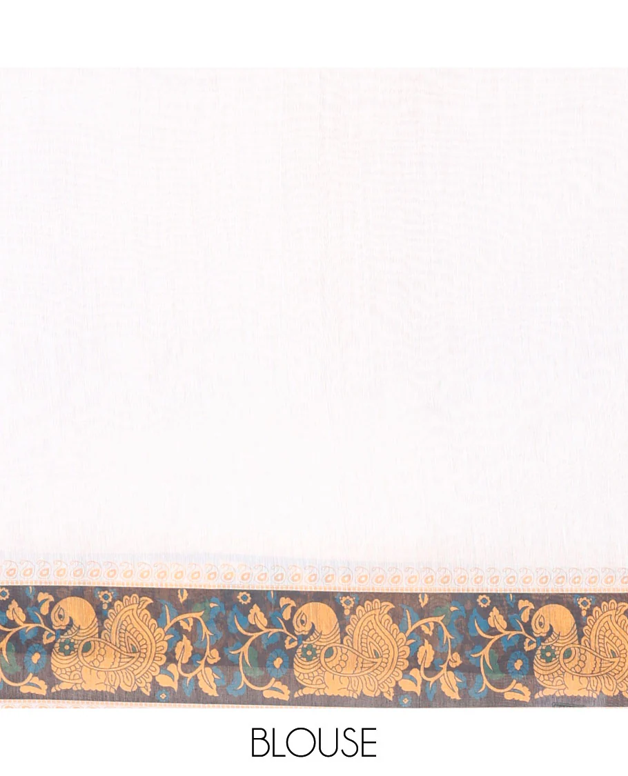 Yellow Plain Chanderi Cotton Saree Featuring a Contrast Black and White Ganga-Jamuna Temple Big Border, a Pallu Beautified with a Realistic Painted-Style Human Figurine Print, and Paired with a Contrast Kalamkari Peacock Printed Blouse - Image 3