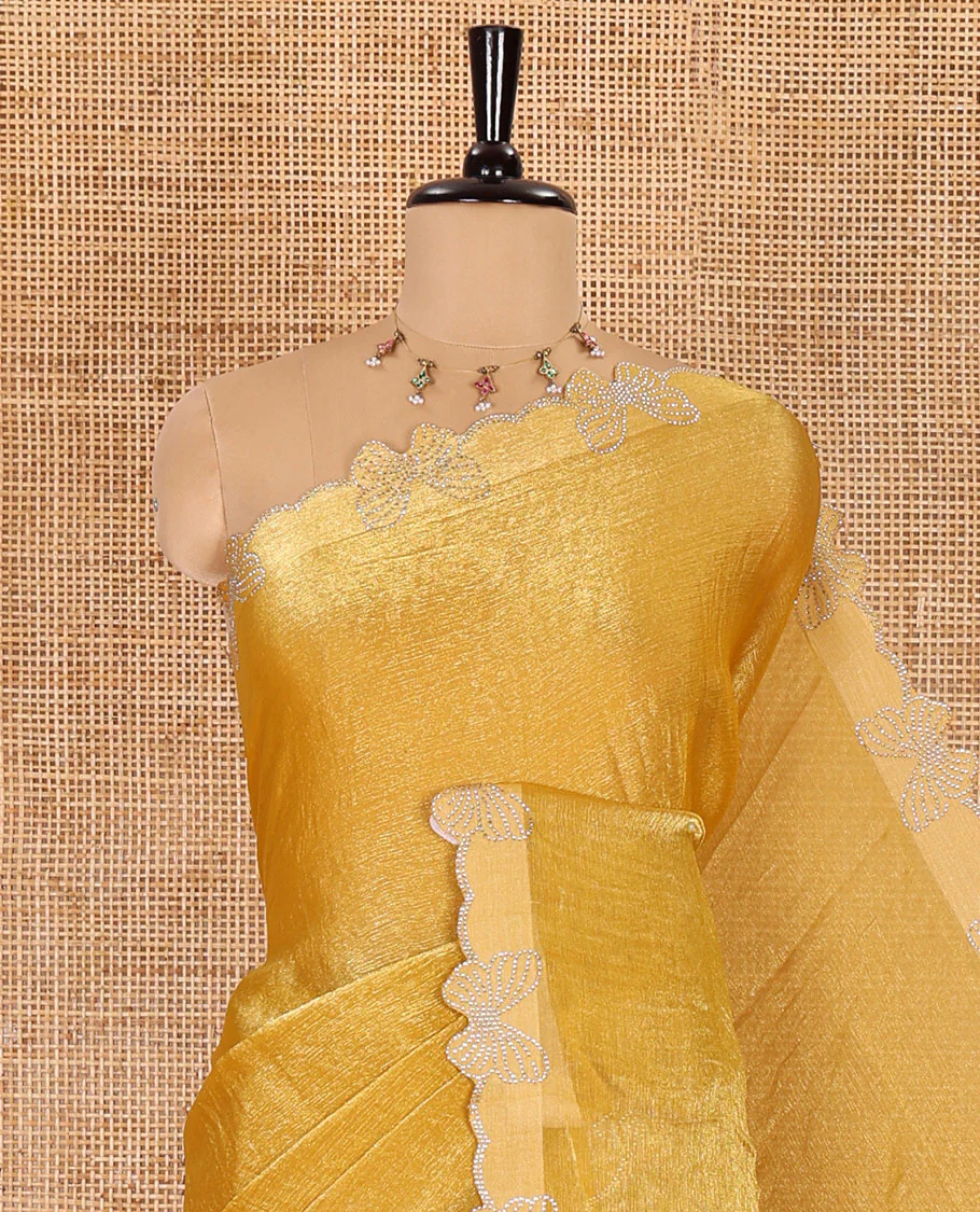 Yellow plain fendy chiffon saree, scallop border of butterfly motifs in stone work, self-pallu, and a matching blouse - Image 2