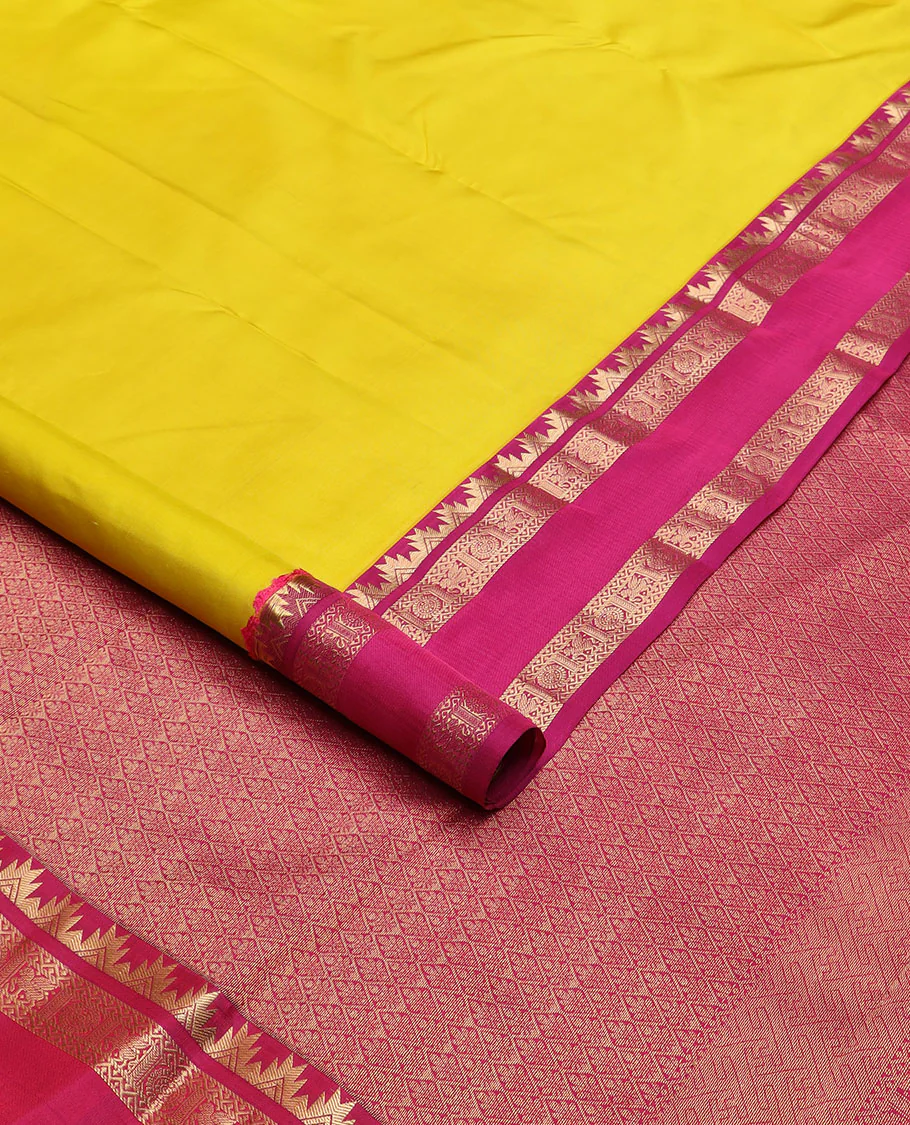 Yellow plain Kanchipuram silk saree, contrast rettai pettu border of thazampoo rekku, neli, chakram & kuthirai & jaal pallu - Image 2