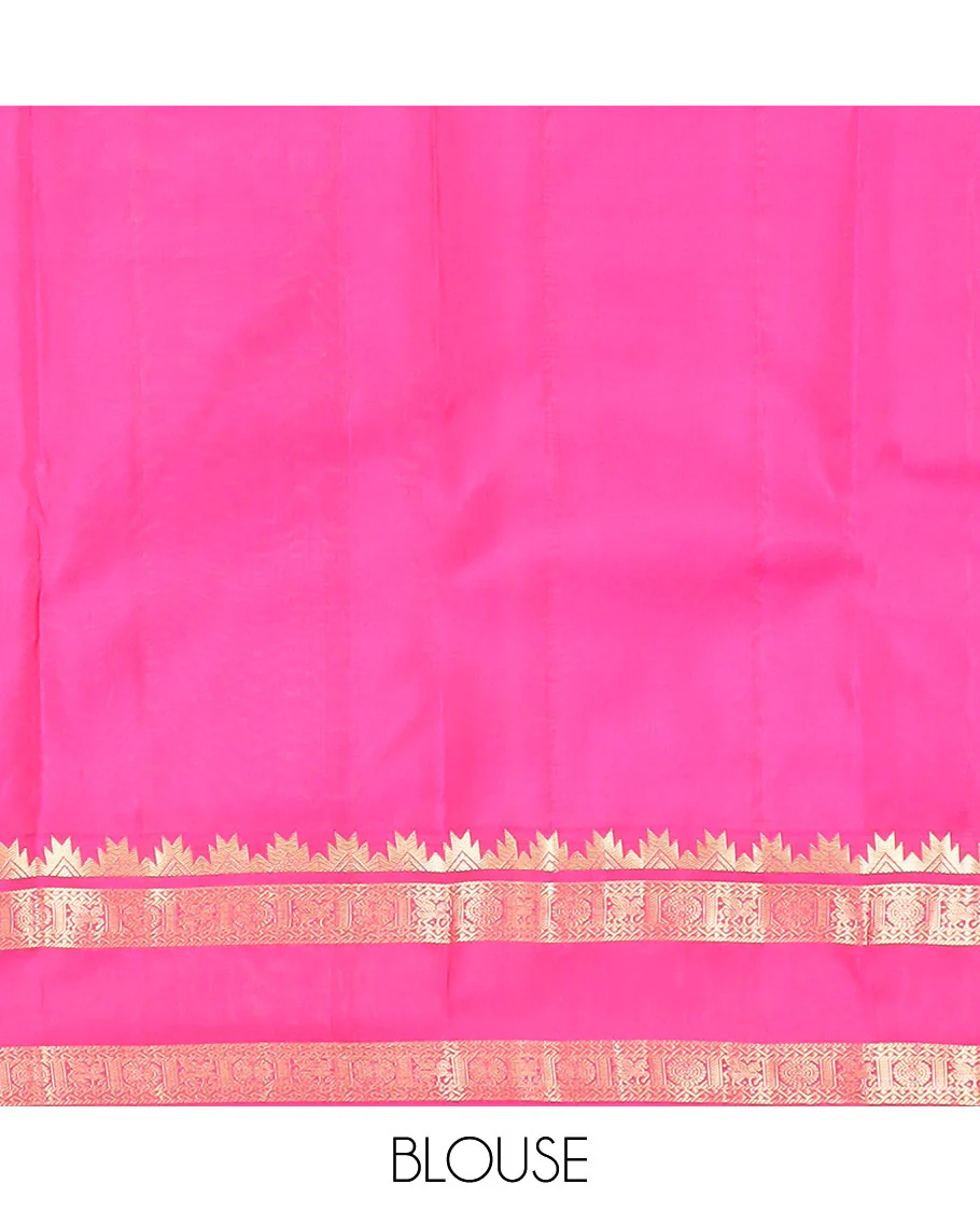 Yellow plain Kanchipuram silk saree, contrast rettai pettu border of thazampoo rekku, neli, chakram & kuthirai & jaal pallu - Image 6