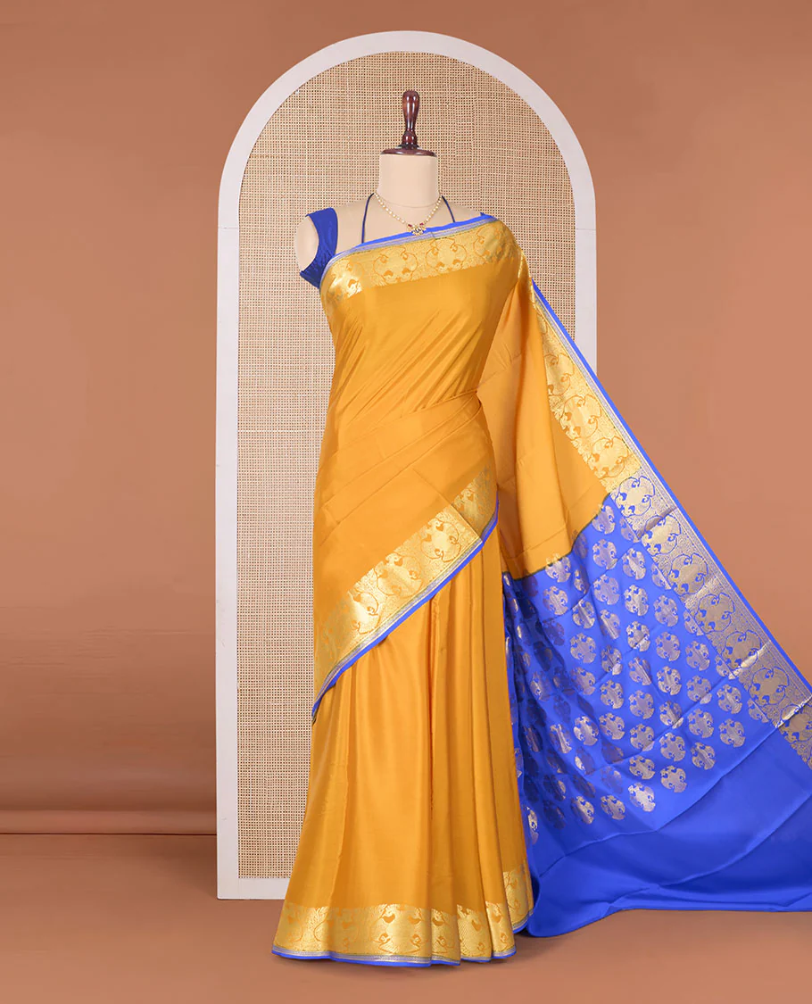 Yellow plain Mysore silk saree, two-headed eagle zari border, and pallu steeped with two-headed eagle motifs - Image 2