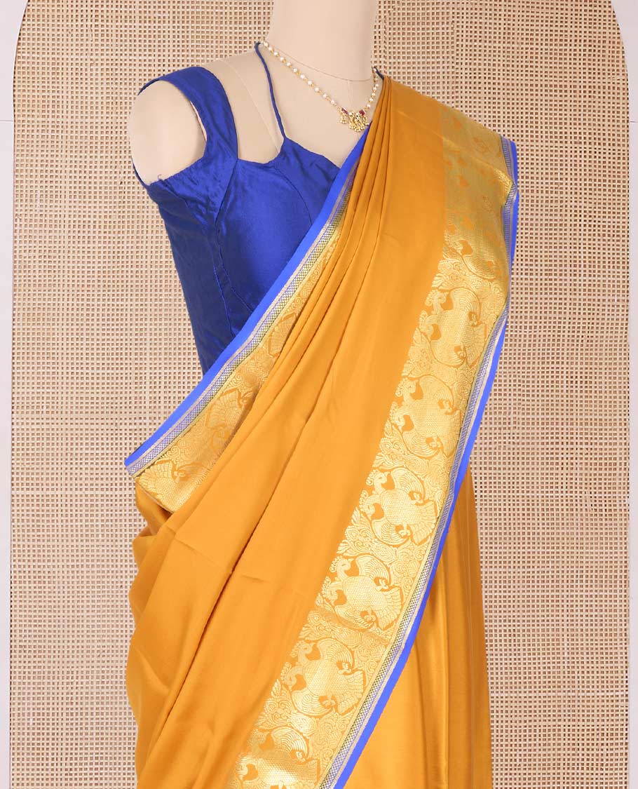 Yellow plain Mysore silk saree, two-headed eagle zari border, and pallu steeped with two-headed eagle motifs - Image 3