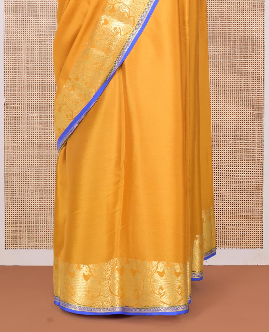 Yellow plain Mysore silk saree, two-headed eagle zari border, and pallu steeped with two-headed eagle motifs - Image 4