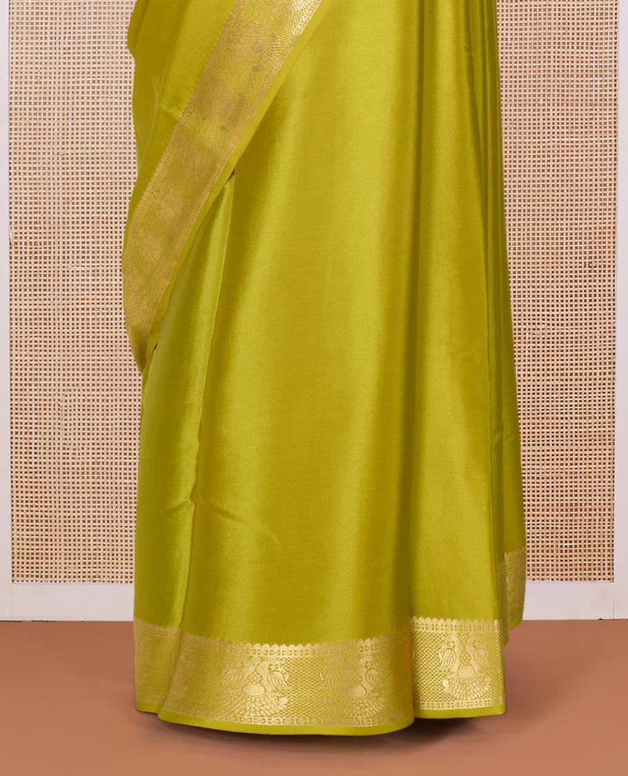 Green plain Mysore silk saree, zari border of two-headed eagle motifs, and pallu of zari designs - Image 4