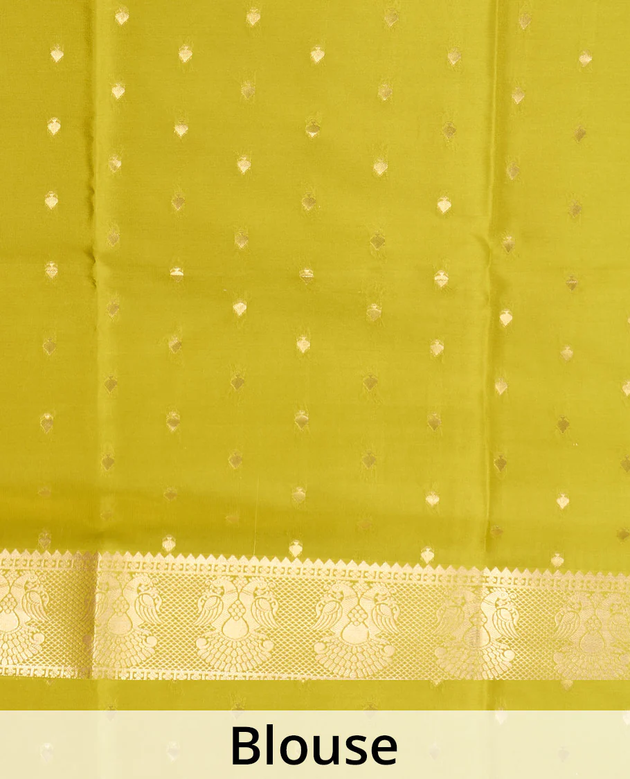 Green plain Mysore silk saree, zari border of two-headed eagle motifs, and pallu of zari designs - Image 5
