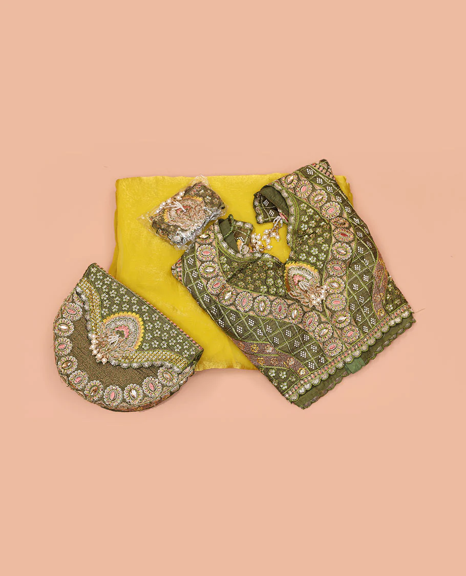 Yellow Plain Party Wear Designer Saree, Complemented with a Contrast Sweetheart Neck Heavy Embroidered Elbow Sleeve Readymade Blouse, Detachable Embroidered Belt, and a Free Embroidered Flap Sling Bag - Image 3