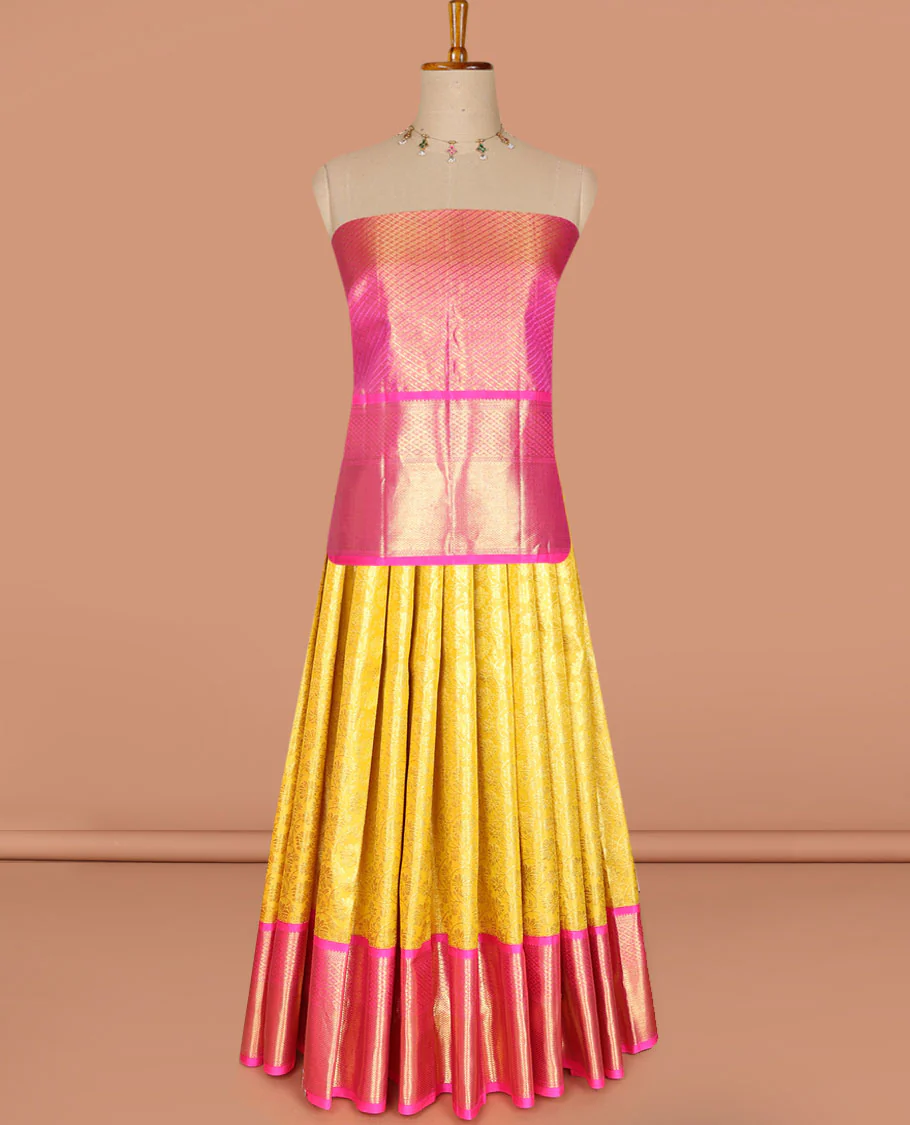 Yellow pure silk half-saree, floral jacquard design skirt, contrast traditional zari border & zari design dhavani - Image 3