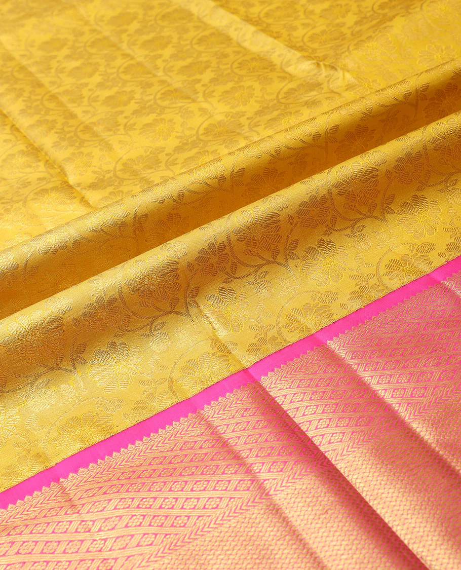 Yellow pure silk half-saree, floral jacquard design skirt, contrast traditional zari border & zari design dhavani - Image 4