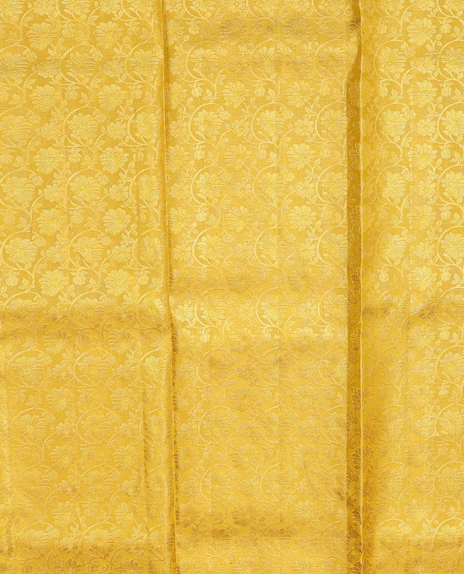 Yellow pure silk half-saree, floral jacquard design skirt, contrast traditional zari border & zari design dhavani - Image 5