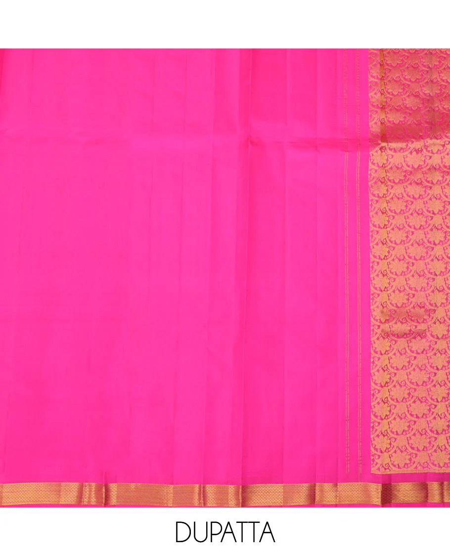 Yellow pure silk half-saree, floral jacquard design skirt, contrast traditional zari border & zari design dhavani - Image 7