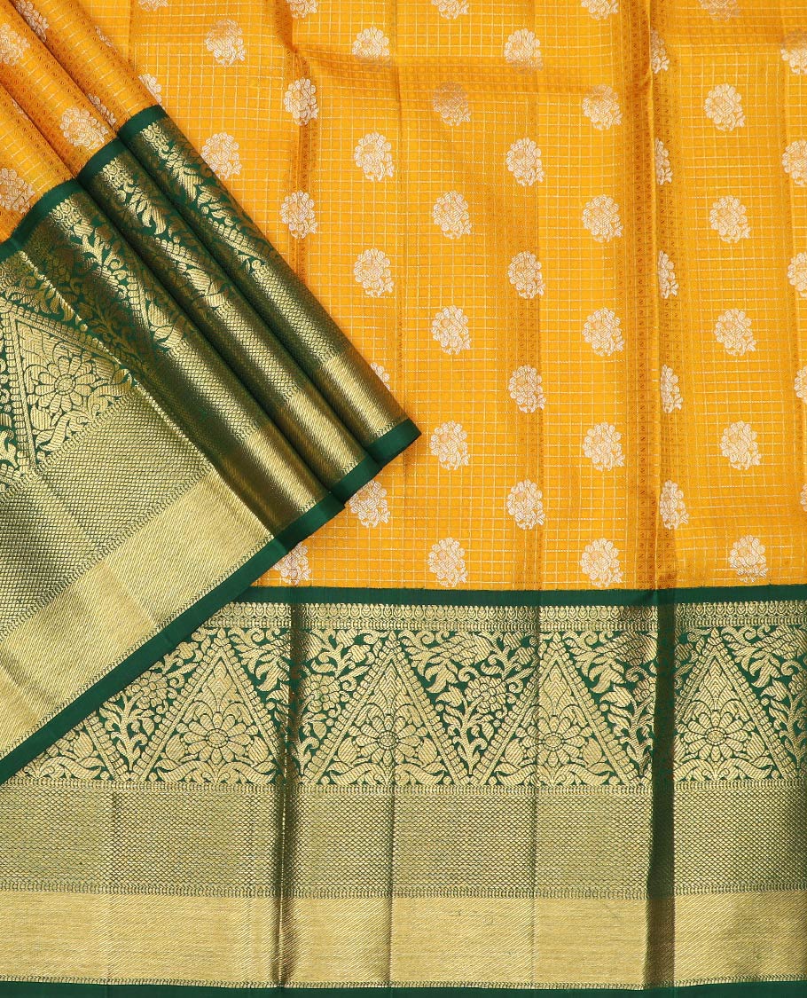 Yellow pure-silk half-saree with buttas, checks, and embossed design skirt, contrast traditional kanchi border, contrast zari design blouse, and a manga motifs woven dhavani - Image 2