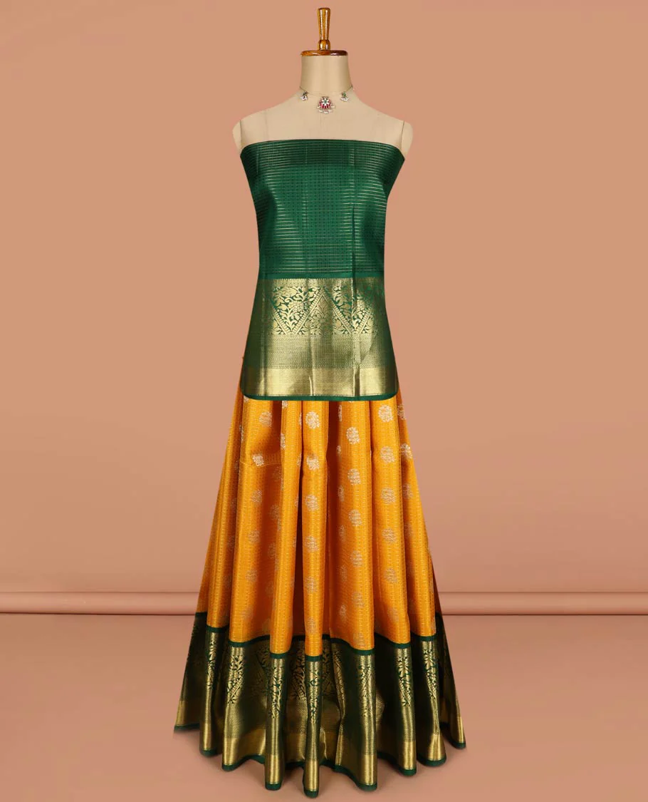 Yellow pure-silk half-saree with buttas, checks, and embossed design skirt, contrast traditional kanchi border, contrast zari design blouse, and a manga motifs woven dhavani - Image 3