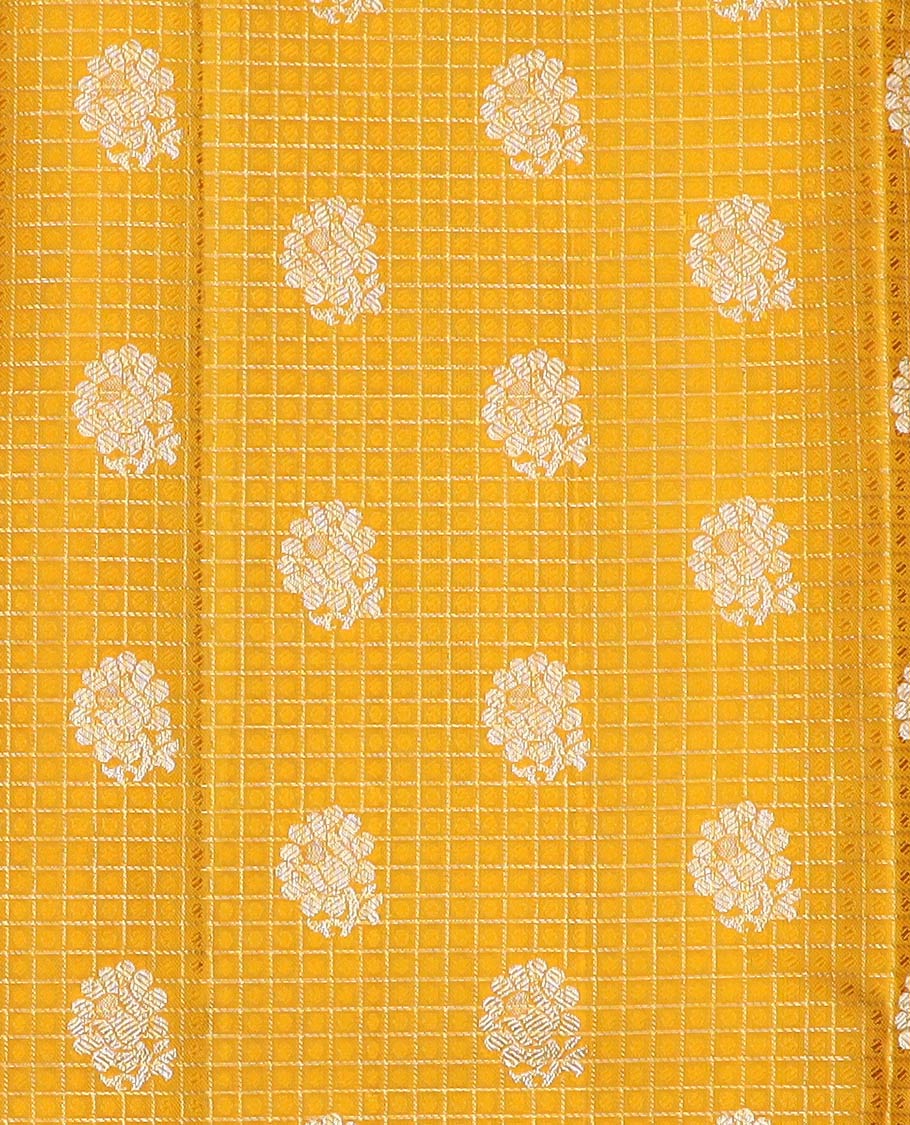 Yellow pure-silk half-saree with buttas, checks, and embossed design skirt, contrast traditional kanchi border, contrast zari design blouse, and a manga motifs woven dhavani - Image 4