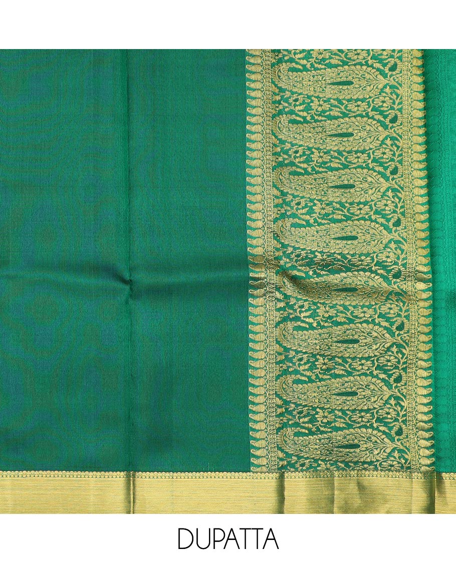 Yellow pure-silk half-saree with buttas, checks, and embossed design skirt, contrast traditional kanchi border, contrast zari design blouse, and a manga motifs woven dhavani - Image 5