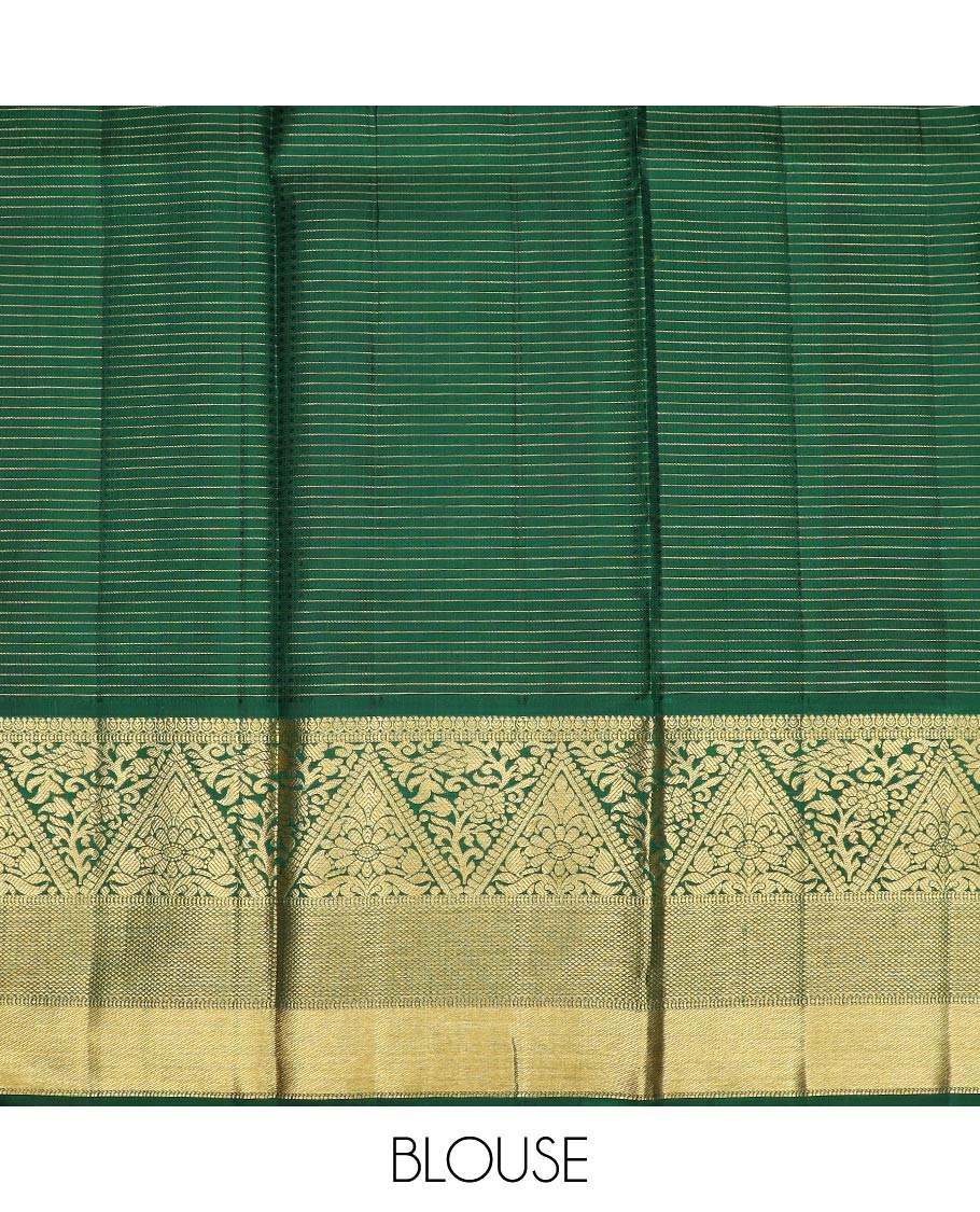 Yellow pure-silk half-saree with buttas, checks, and embossed design skirt, contrast traditional kanchi border, contrast zari design blouse, and a manga motifs woven dhavani - Image 6
