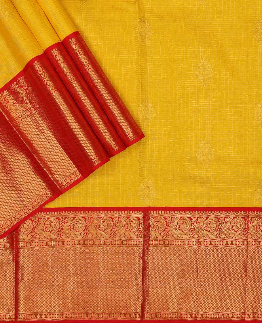Yellow pure silk half-saree, zari design skirt, contrast korvai border of mayil, rudraksham, and mayil kann designs, and zari bordered blouse, and contrast jaal dhavani - Image 2