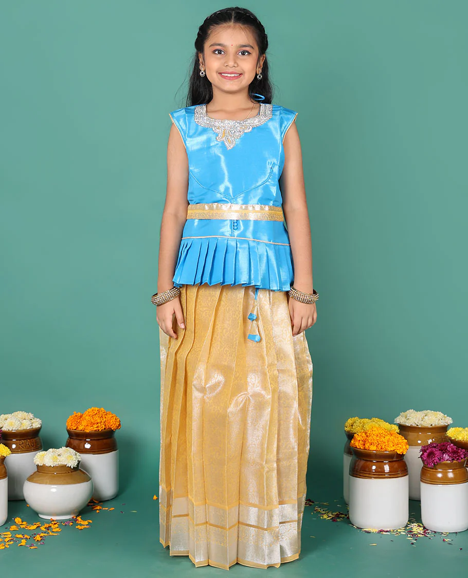 Yellow readymade art silk pavadai, jacquard skirt, & jacquard embroidered round neck sleeveless blouse with contrast zari work belt - Image 2