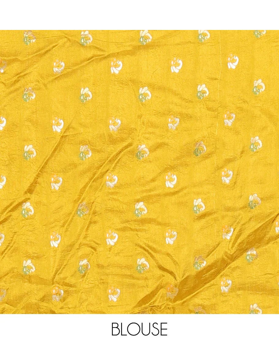 Yellow Russian Silk Saree Featuring Double-Sided Plain and Central Zari Elephant Motifs Weave, Accentuated by a Subtle Traditional Zari Border, Enhanced with a Zari-Designed Pallu, and Paired with a Blouse Depicting Meenakari Peacocks - Image 3