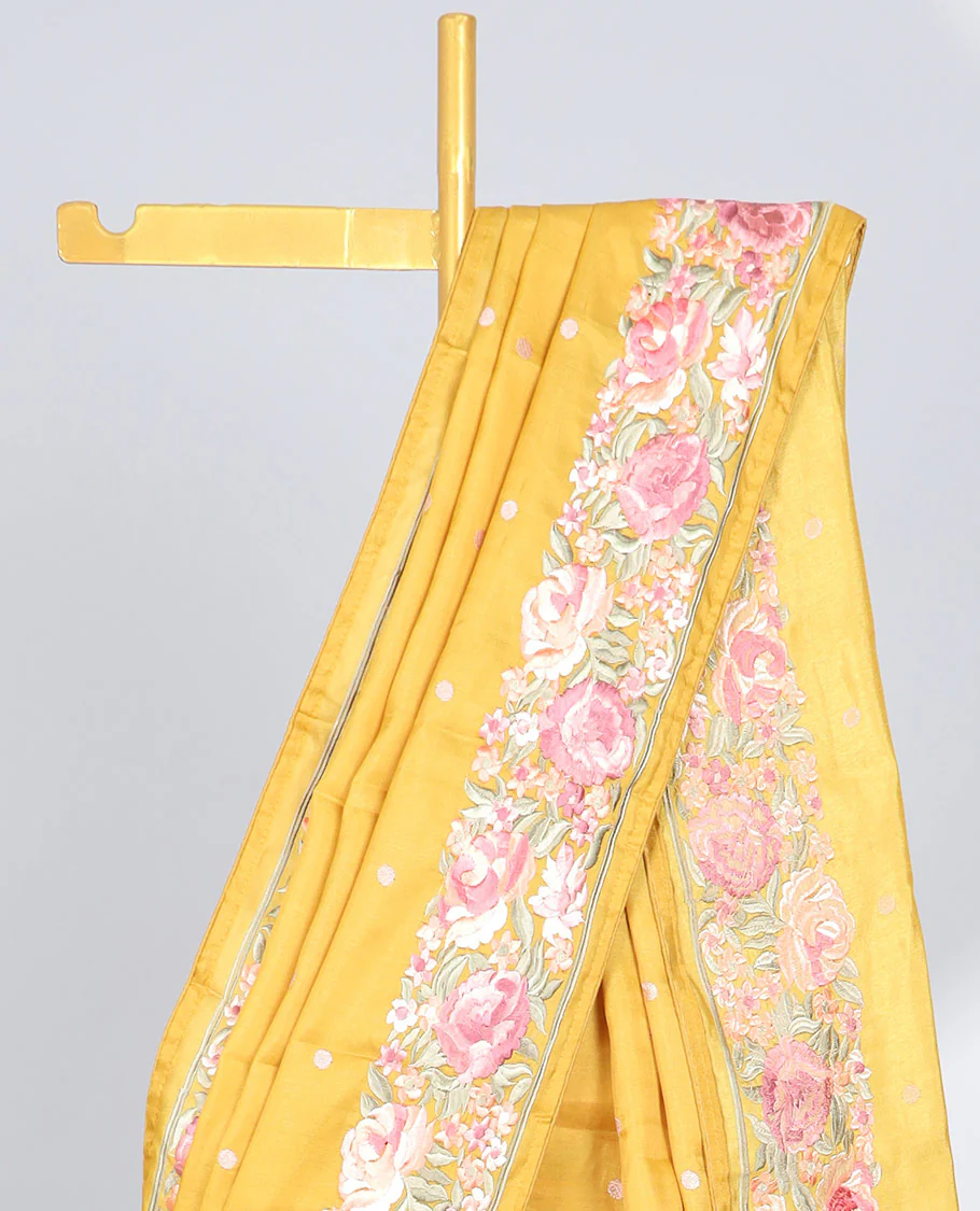 Yellow semi-banaras tussar saree with polka dots, colorful floral motifs thread embroidered border - Image 3