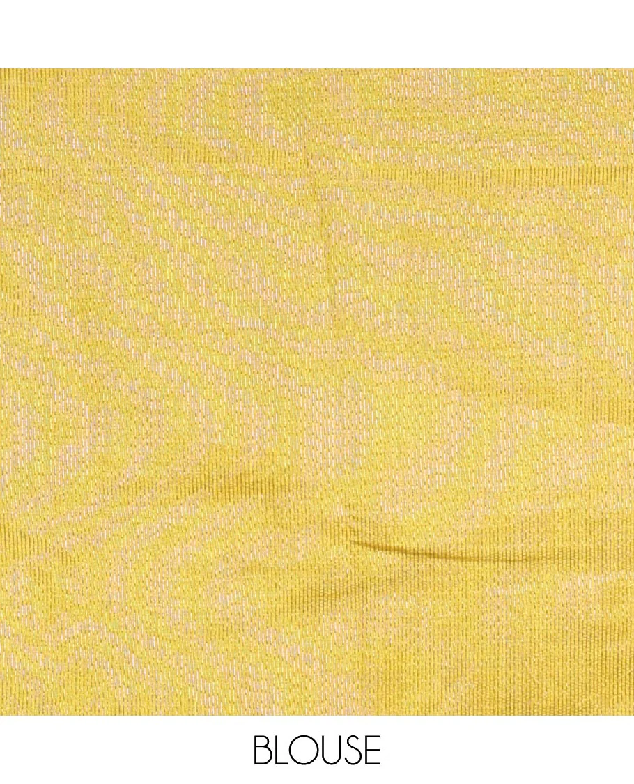 Yellow Semi-Tussar Saree Accentuated with Zari Horizontal Stripes and Thread Floral Designs, Featuring a Subtly Woven Temple Zari Border, a Striped Pallu, and a Matching Blouse - Image 3
