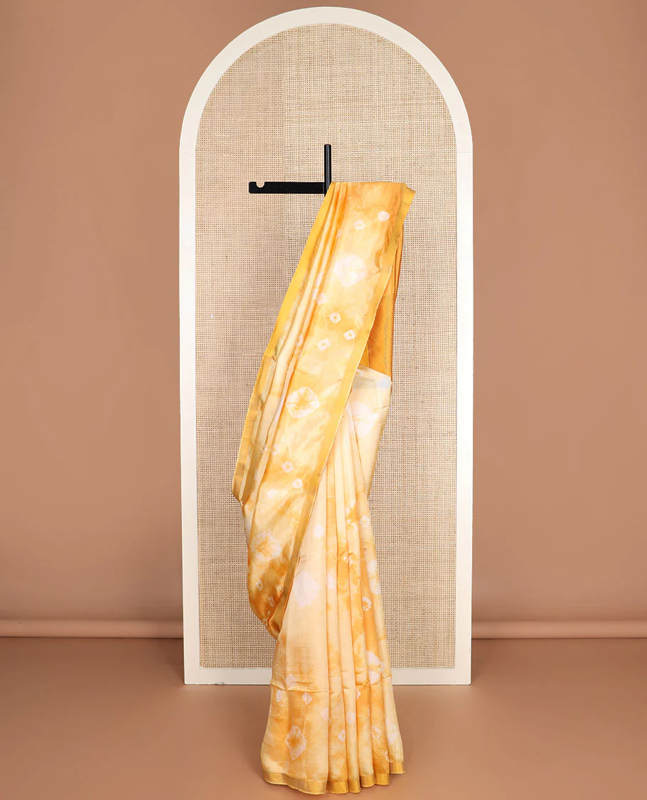 Yellow shibori motifs printed Banana pith saree, golden zari bavanji border, and pallu steeped with sparse gold lines - Image 3