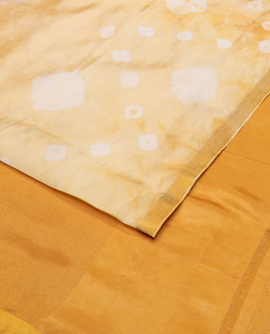 Yellow shibori motifs printed Banana pith saree, golden zari bavanji border, and pallu steeped with sparse gold lines - Image 4