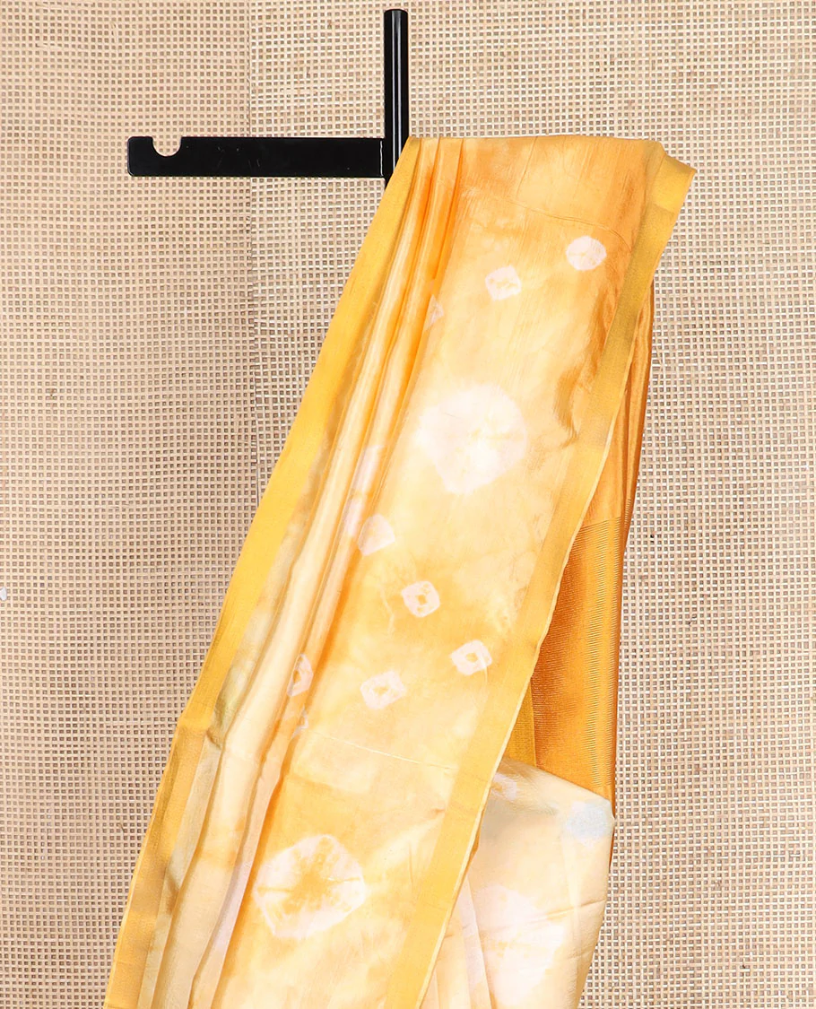Yellow shibori motifs printed Banana pith saree, golden zari bavanji border, and pallu steeped with sparse gold lines - Image 6