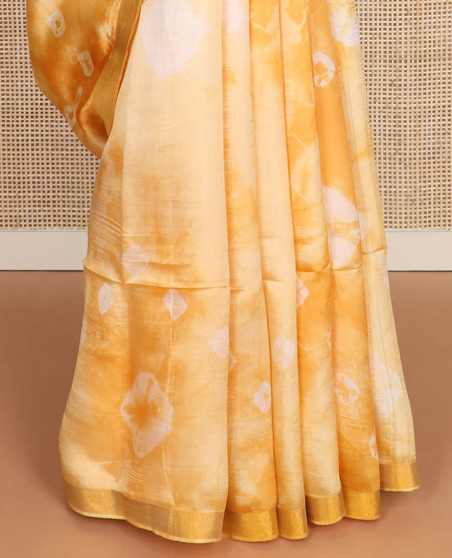 Yellow shibori motifs printed Banana pith saree, golden zari bavanji border, and pallu steeped with sparse gold lines - Image 7